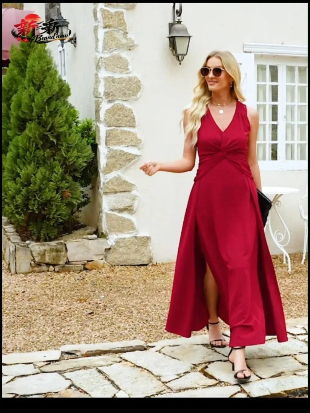 V-Neck Sleeveless Formal A-Line Midi Dress with Ruffle - Picture 7 of 7